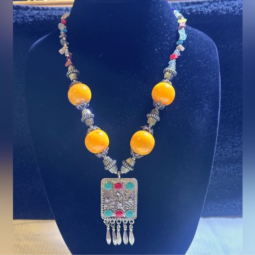 Glass & Natural Gem Stone Runway Statement Necklace